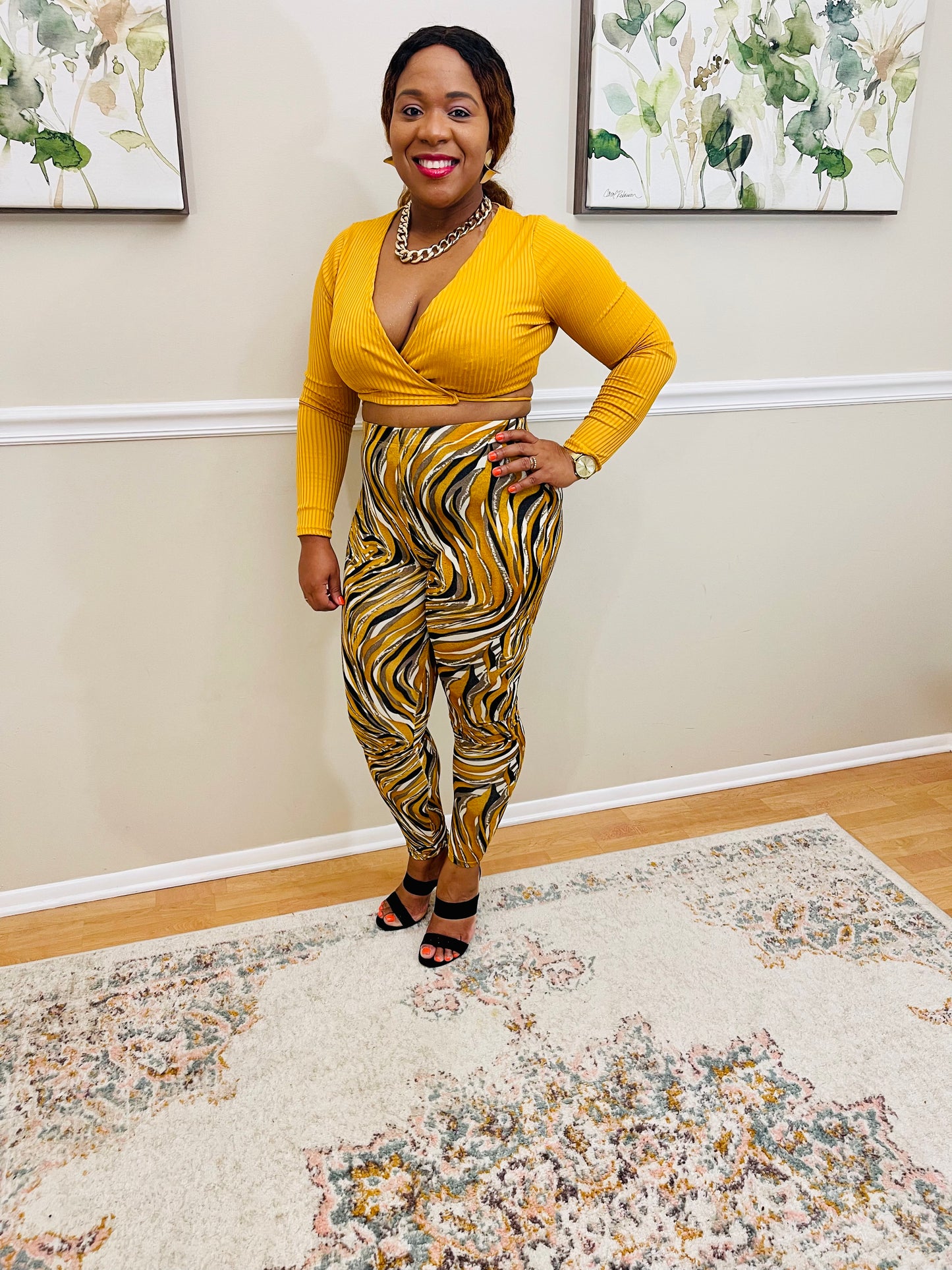 Andrea Yellow Ribbed Tie Crop Top & Print Leggings Set