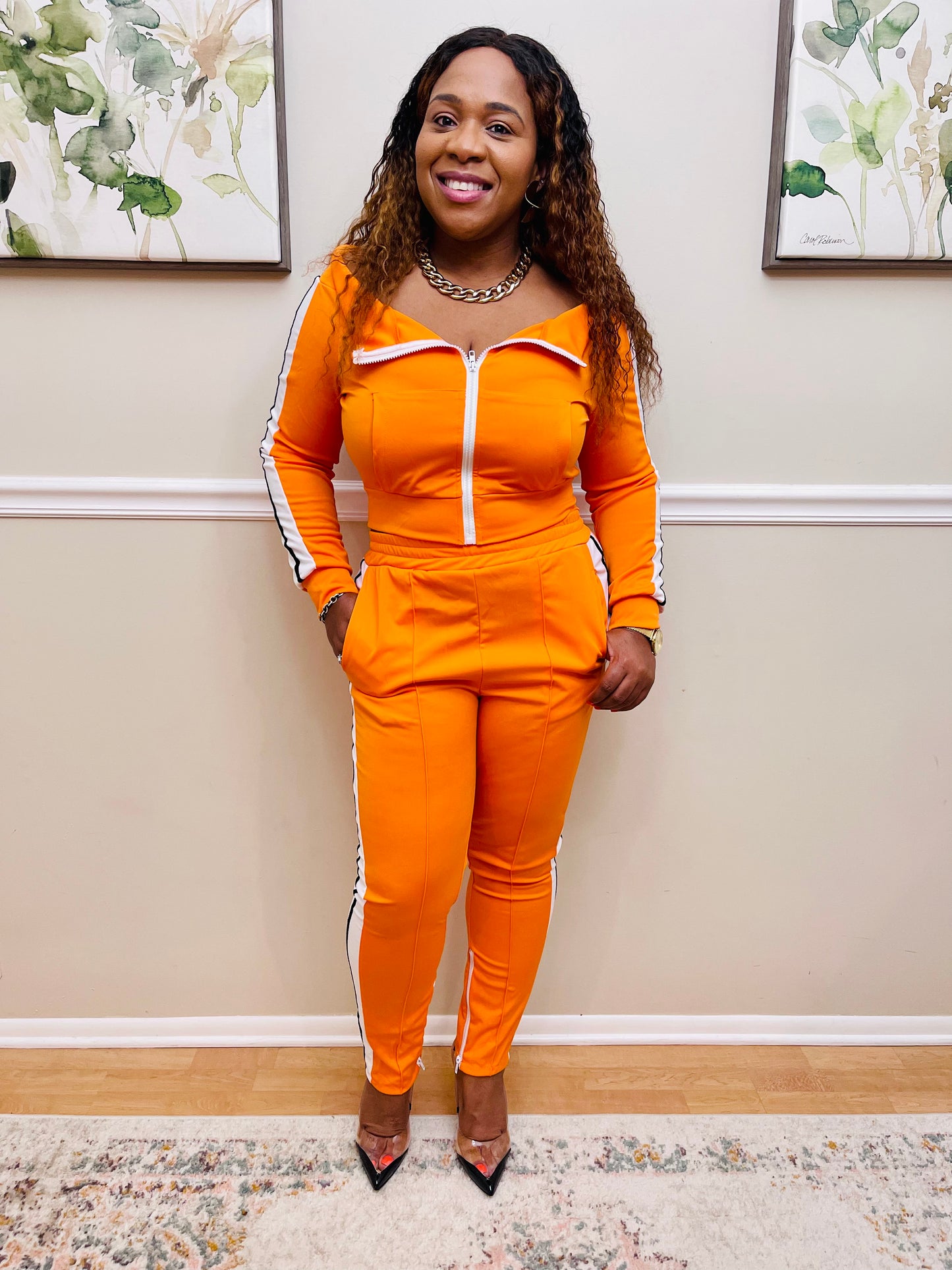 Just Classy Off The Shoulder Orange Jogger Set