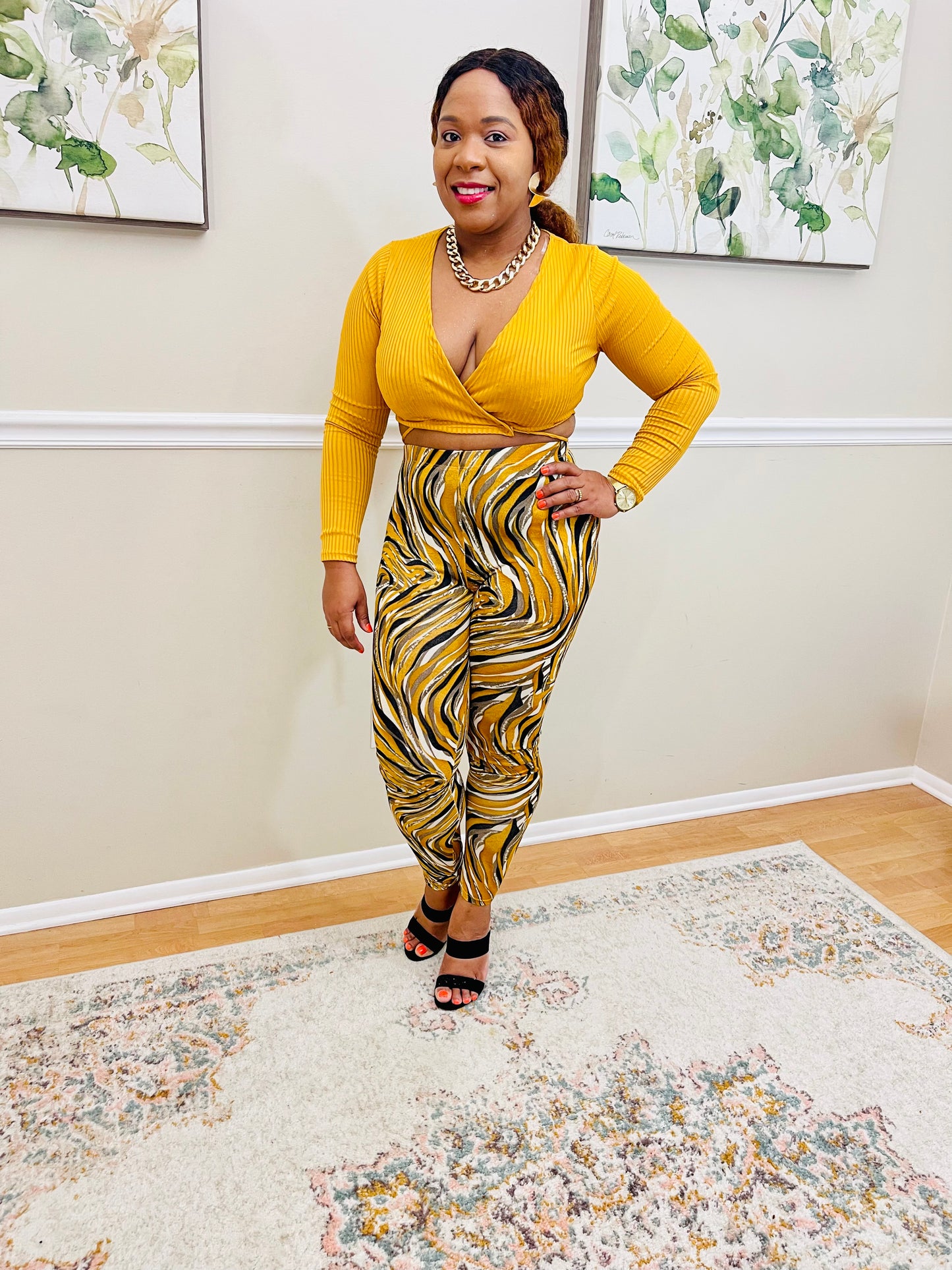 Andrea Yellow Ribbed Tie Crop Top & Print Leggings Set
