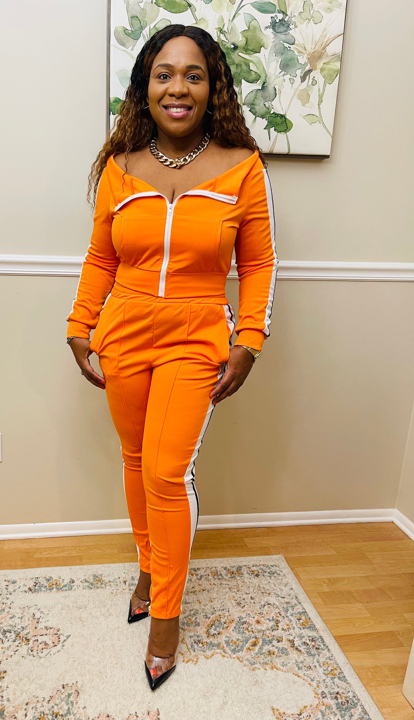 Just Classy Off The Shoulder Orange Jogger Set