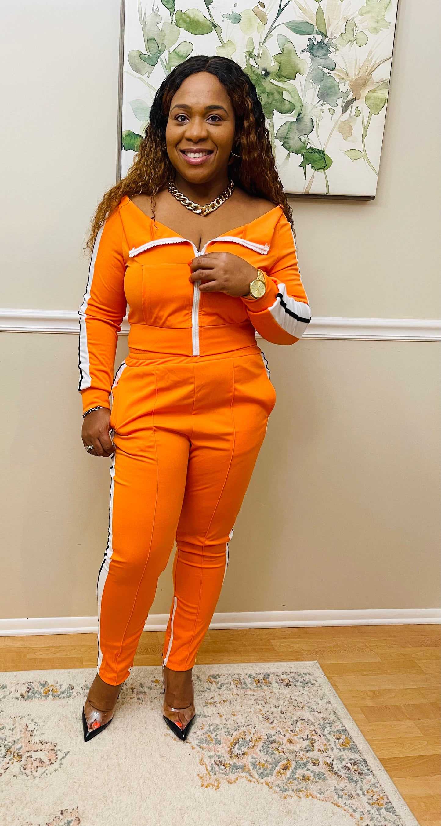 Just Classy Off The Shoulder Orange Jogger Set