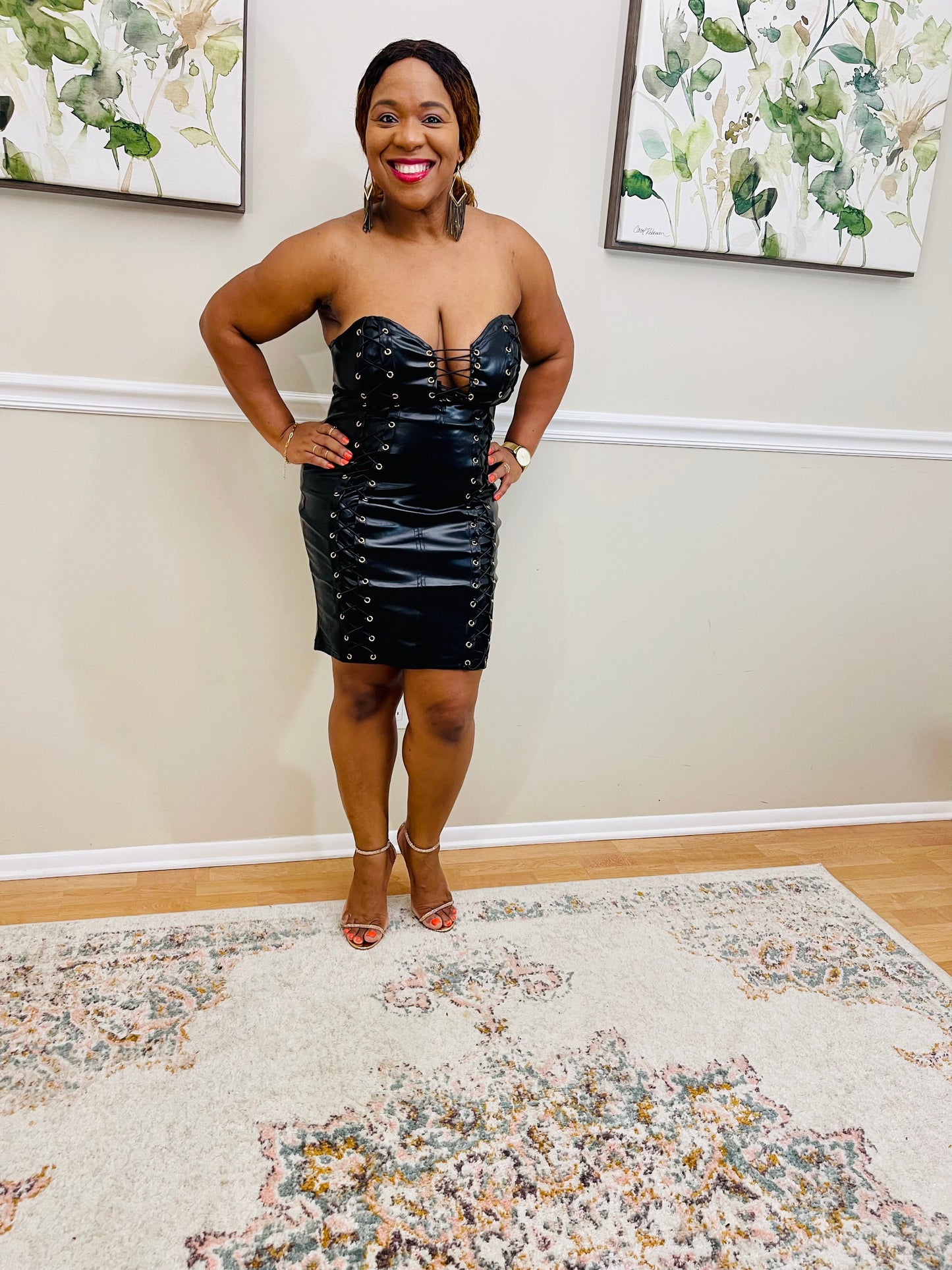 Ellen Black Lace Up Faux Leather Mini Dress