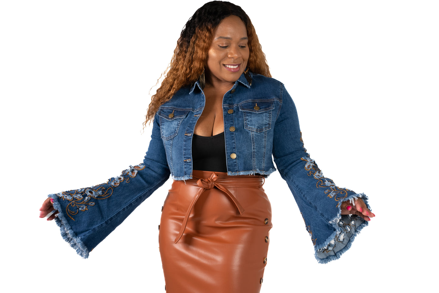 Golden Brown Thread Embroidered Denim Jacket