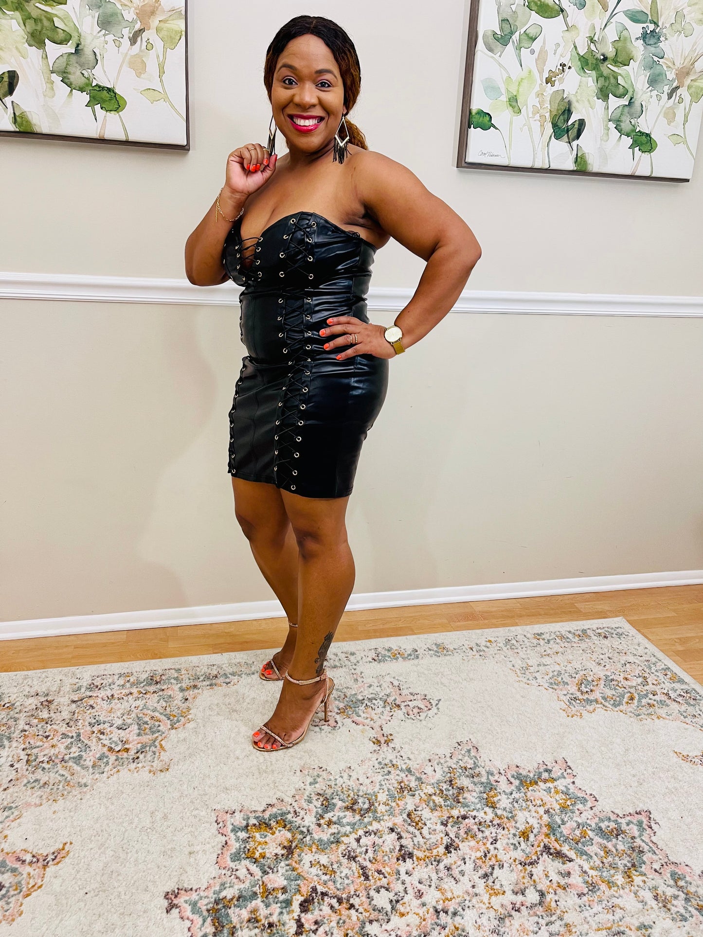 Ellen Black Lace Up Faux Leather Mini Dress