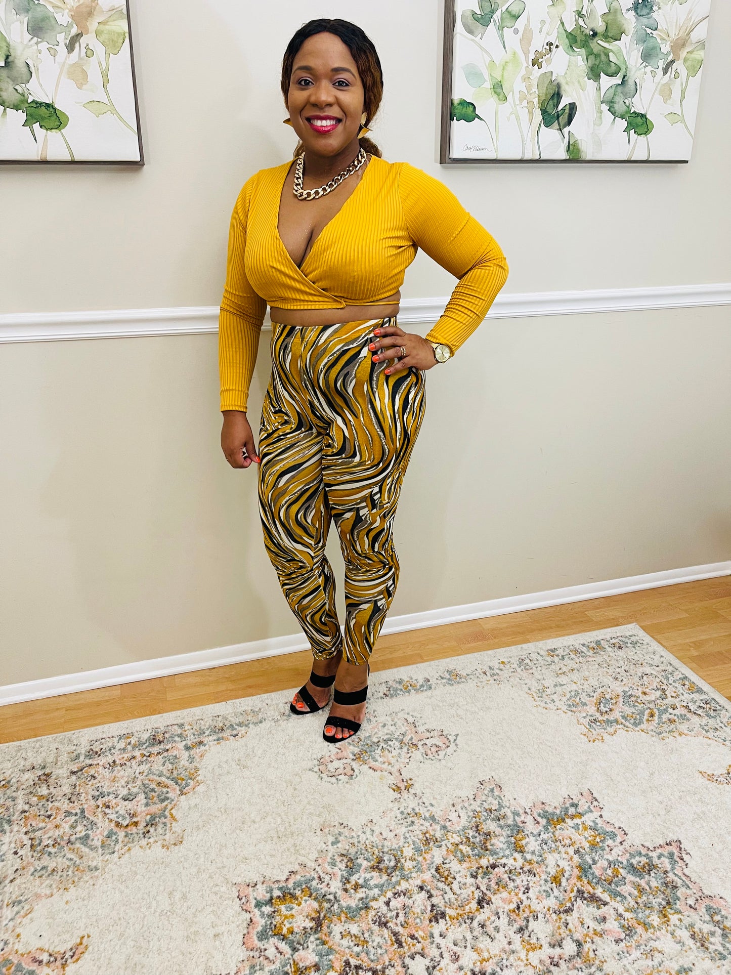 Andrea Yellow Ribbed Tie Crop Top & Print Leggings Set