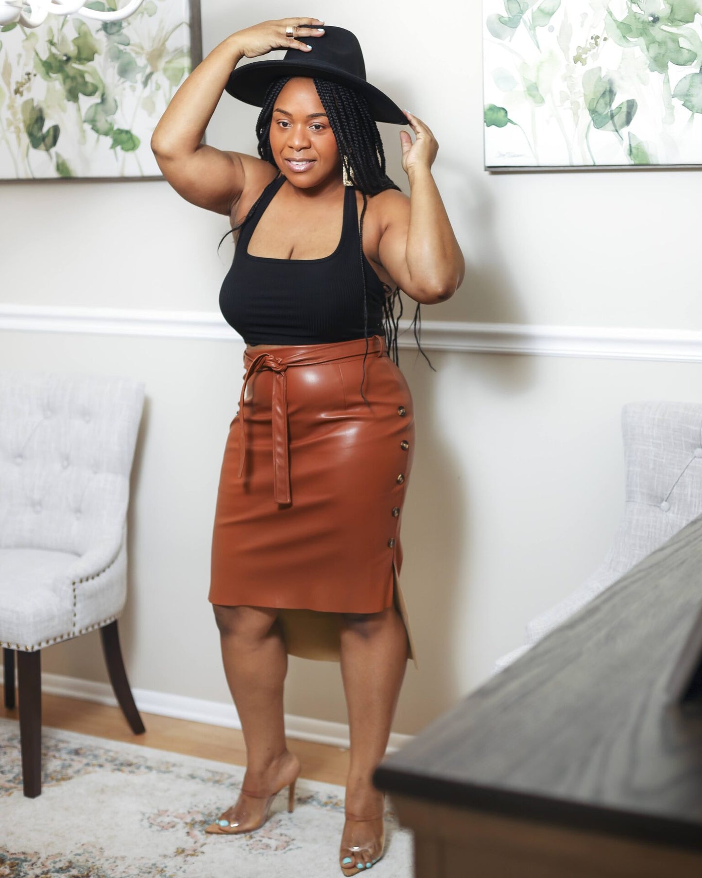 Lizzie PU Leather Slit Tied Ruched Buttoned Skirt