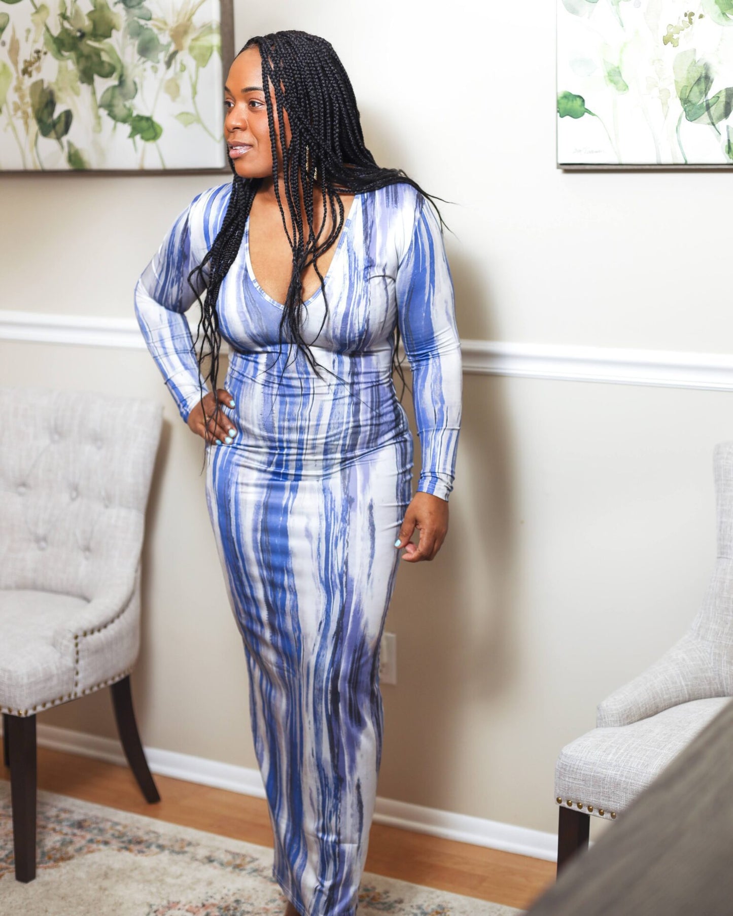 Tia Printed Deep-V Long Sleeve Dress