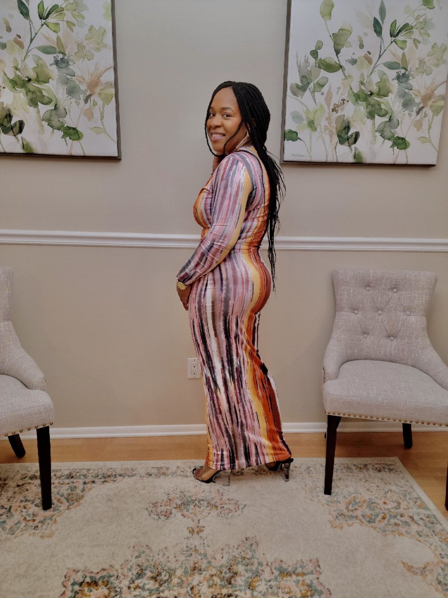 Tia Printed Deep-V Long Sleeve Dress