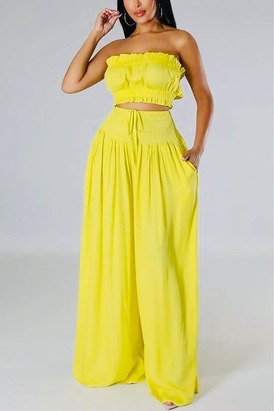 Elegant Allure Ruched Pant Set - Yellow