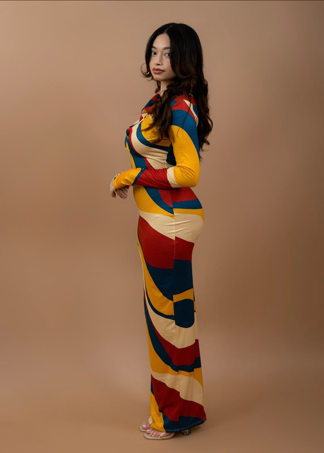 raisa pleated side maxi dress Knit Balconette Neck Maxi Dress With Side Cutouts RAISA VANESSA INT
